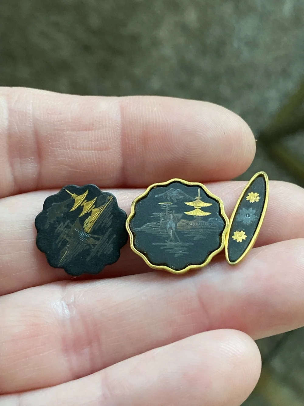 Vtg Japanese Damascene Double Sided Cufflinks Pagoda Mt Fuji *read